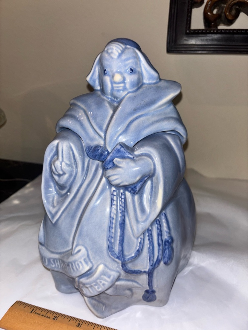 Vintage Red Wing Pottery BLUE Friar Tuck Cookie Jar THOU SHALT NOT STEAL 1940's